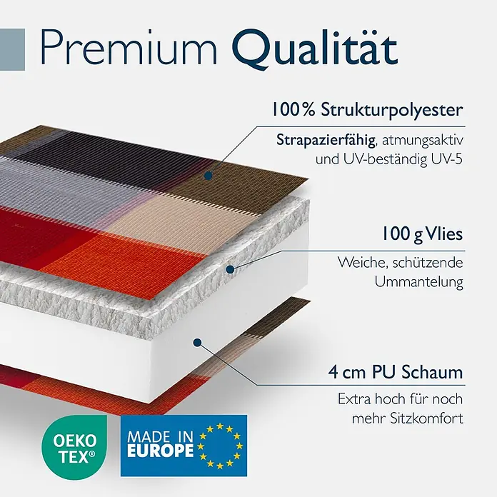 Beautissu Sitzauflage Sun-NL - Niederlehner, 1 Stk., Polyester, orange-Beige-Kariert - Schnitt eines mehrschichtigen Kissens mit Strukturpolyestergewebe (gestreift), Vlies und 4 cm PU-Schaum für Premium-Sitzkomfort.