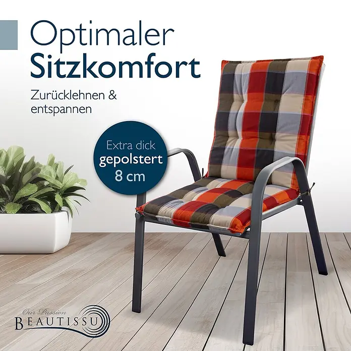 Beautissu Sitzauflage Sun-NL - Niederlehner, 1 Stk., Polyester, orange-Beige-Kariert - Bequemer Gartenstuhl mit dunklem Gestell und 8 cm dicker karierter Auflage in Rot, Orange, Schwarz und Beige.