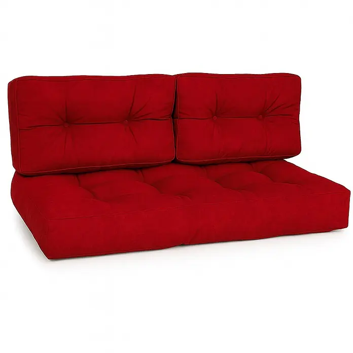 Beautissu Sitzauflage Eco Style - Europalette, 2 Stk., Polyester, Rot - Rote getuftete Futonsofa-Garnitur mit Sitz- und Rückenkissen.
