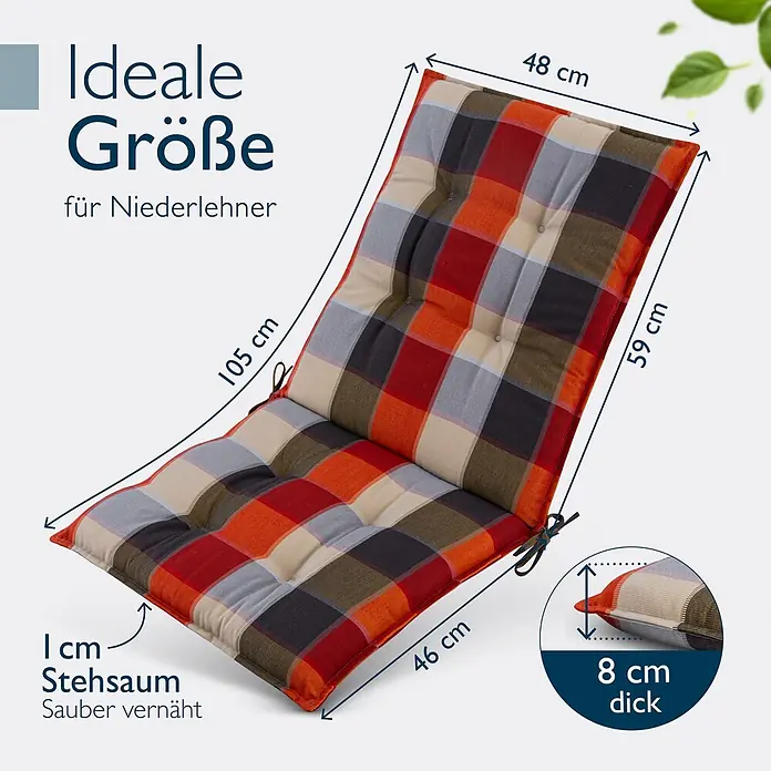 Beautissu Sitzauflage Sun-NL - Niederlehner, 1 Stk., Polyester, orange-Beige-Kariert - Gestreiftes Gartenstuhl-Kissen in Rot, Orange, Beige, Grau, Braun, Schwarz; 105x48 cm (Rücken), 59x46 cm (Sitz), 8 cm dick, mit 1 cm Stehsaum.