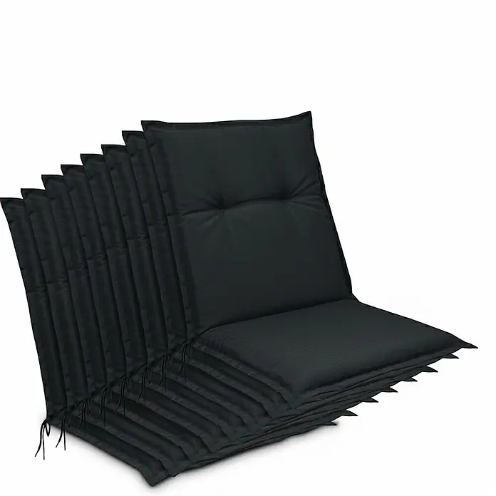 Beautissu Sitzauflage Base NL - Niederlehner, 8 Stk., L x B x H: 100 x 50 x 6 cm, Polyester, Graphitgrau - Stapel schwarzer, getufteter Outdoor-Stuhlkissen mit Bändern.