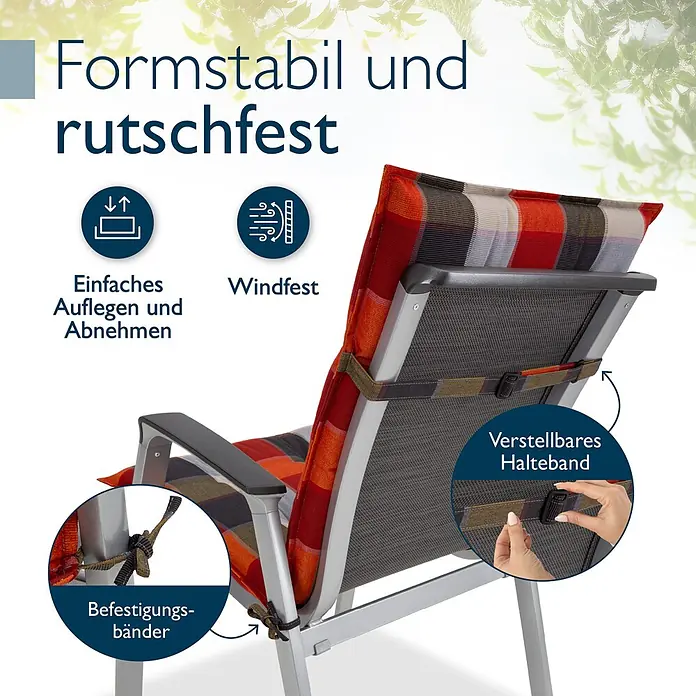 Beautissu Sitzauflage Sun-NL - Niederlehner, 1 Stk., Polyester, orange-Beige-Kariert - Gestreiftes (rot, orange, grau) Gartenstuhlauflage mit Befestigungsbändern und verstellbarem Halteband auf einem Metallstuhl, betont Stabilität und einfache Anbringung.