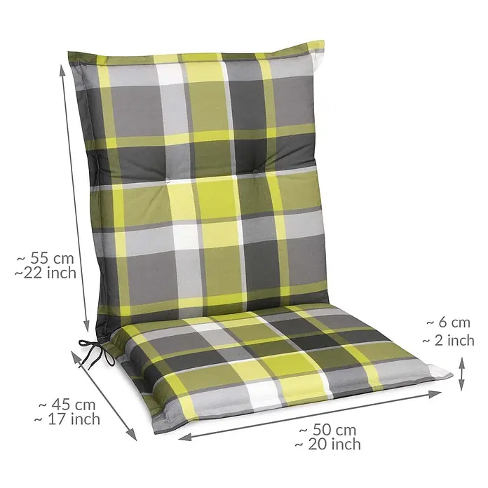 Beautissu Sitzauflage Sunny NL - Niederlehner, 8 Stk., L x B x H: 100 x 50 x 6 cm, Polyester, Grün - Grün, grau und weiß kariertes Outdoor-Stuhlkissen mit Bändern und Heftung, Maße angezeigt.