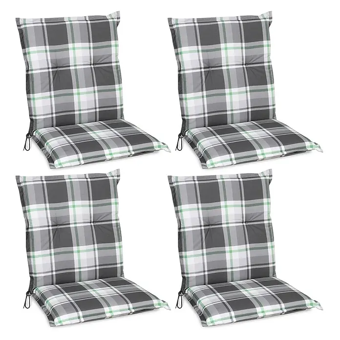 Beautissu Sitzauflage Sunny NL - Niederlehner, 4 Stk., Polyester, Mintgrün - Vier karierte, getuftete Stuhlkissen in Grau, Weiß und Grün mit Bändern.