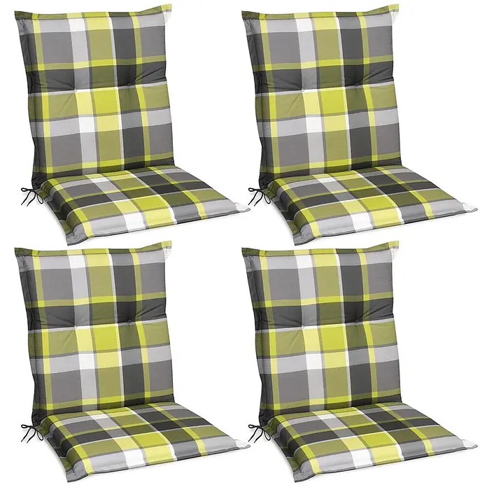 Beautissu Sitzauflage Sunny NL - Niederlehner, 4 Stk., Polyester, Grün - Set aus 4 hochlehningen Stuhlkissen mit grünem, grauem, schwarzem und weißem Karomuster.