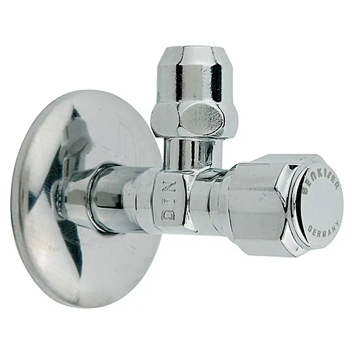 Eckventil - ⅜″, Chrom - Eckventil mit Chromoberfläche zur Wasserregulierung in Sanitärbereichen.