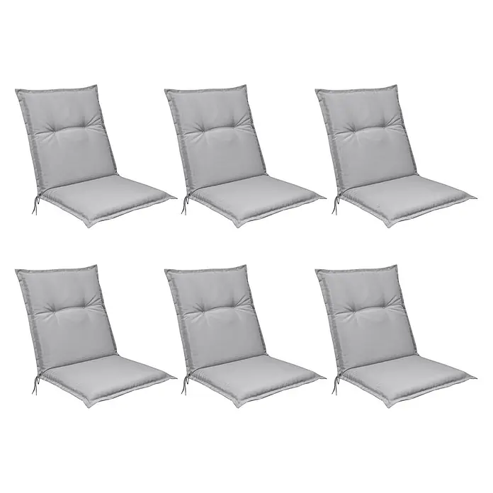 Beautissu Sitzauflage Base NL - Niederlehner, 6 Stk., L x B x H: 100 x 50 x 6 cm, Polyester, Hellgrau - Sechs hellgraue Stuhlkissen mit Knöpfen und Bändern für bequemes Sitzen.