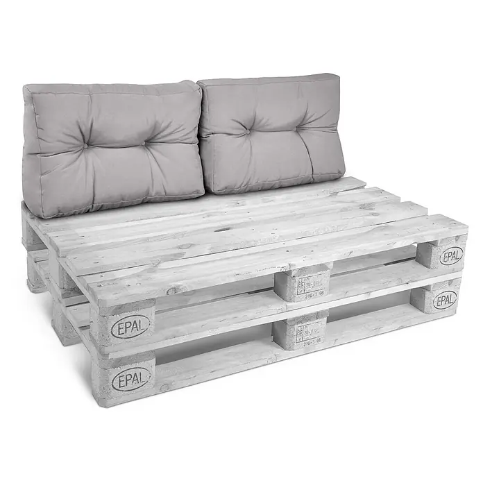 Beautissu Sitzauflage Eco Style - Europalette, 2 Stk., L x B x H: 60 x 40 x 20 cm, Polyester, Hellgrau - Sitzbank aus weiß getünchten Holzpaletten mit zwei grauen Rückenkissen für den Außenbereich.