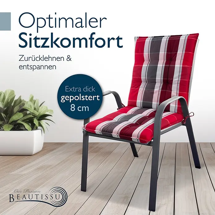 Beautissu Sitzauflage Sun-NL - Niederlehner, 1 Stk., Polyester, Rot-Anthrazit-gestreift - Roter, karierter Gartenstuhl mit 8 cm dicker Polsterung auf Holzterrasse.