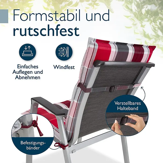 Beautissu Sitzauflage Sun-NL - Niederlehner, 1 Stk., Polyester, Rot-Anthrazit-gestreift - Kariertes rot-weiß-dunkelgraues Gartenstuhl-Kissen mit verstellbaren und Befestigungsbändern, hervorhebend rutschfest, winddicht, einfache Anbringung.