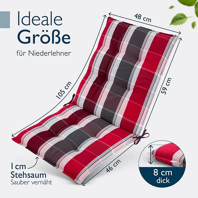 Beautissu Sitzauflage Sun-NL - Niederlehner, 1 Stk., Polyester, Rot-Anthrazit-gestreift - Rotes, weißes und graues kariertes Niedriglehner-Kissen, 105 cm Länge, 48 cm Breite, 8 cm dick.