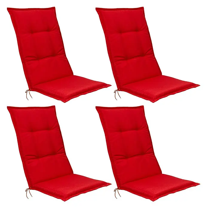 Beautissu Sitzauflage Base HL - Hochlehner, 4 Stk., L x B x H: 120 x 50 x 6 cm, Polyester, Rot - Vier rote gesteppte Outdoor-Stuhlkissen mit Bändern.