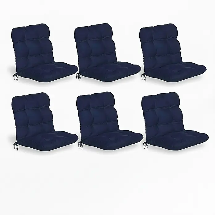 Beautissu Sitzauflage Flair NL - Niederlehner, 6 Stk., L x B x H: 100 x 50 x 8 cm, Polyester, Dunkelblau - Set aus sechs marineblauen, getufteten Stuhlkissen mit Rückenlehnen und Bändern.