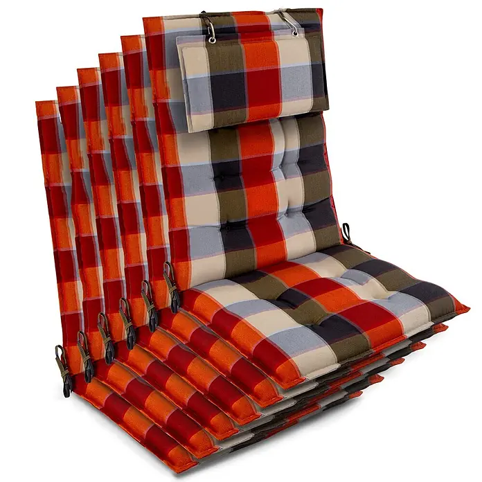 Beautissu Sitzauflage Sun-HL - Hochlehner, 6 Stk., Polyester, orange-beige-Kariert - Set karierter Stuhlkissen in Rot, Orange, Beige, Grau und Dunkelgrün. Das obere Kissen ist aufgeklappt und zeigt Befestigungsbänder.