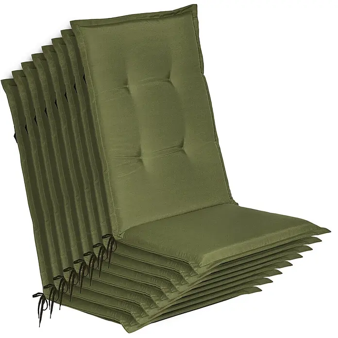 Beautissu Sitzauflage Loft HL - Hochlehner, 8 Stk., L x B x H: 0 x 0 x 0 cm, Polyester, Olivgrün - Gestapelte, olivgrüne, gesteppte Stuhlkissen mit Bändern für Garten- oder Terrassenstühle.