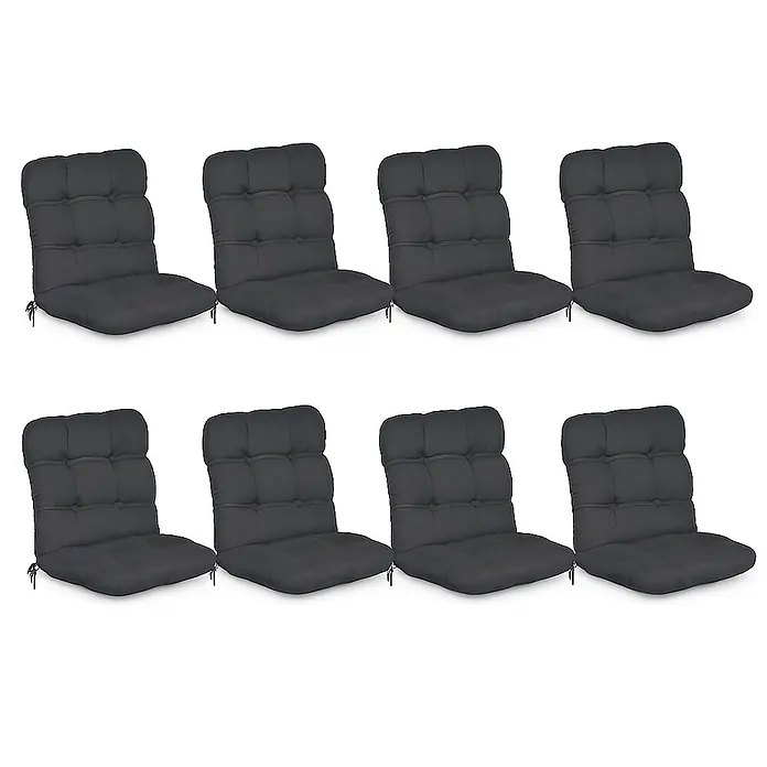 Beautissu Sitzauflage Flair NL - Niederlehner, 8 Stk., Polyester, Graphitgrau - Acht dunkelgraue, getuftete Stuhlkissen mit Bändern für Rücken- und Sitzunterstützung.
