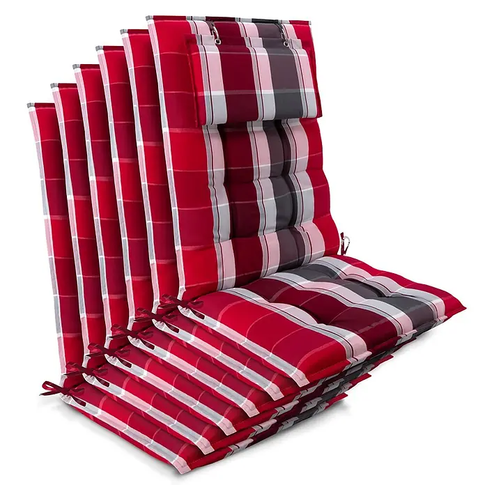 Beautissu Sitzauflage Sun-HL - Hochlehner, 6 Stk., Polyester, rot-gestreift - Stapel roter, weißer und grauer karierter Stuhlkissen mit Bändern und Ringen.