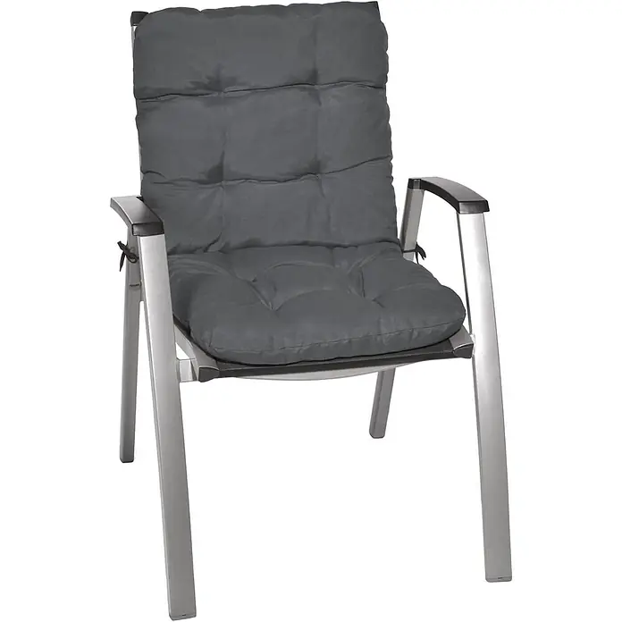 Beautissu Sitzauflage Flair NL - Niederlehner, 2 Stk., Polyester, Graphitgrau - Silbergrauer Metallstuhl mit dunkelgrauen, getufteten Sitz- und Rückenkissen.