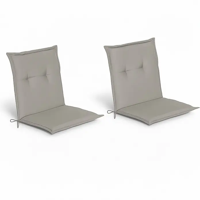 Beautissu Sitzauflage Loft Nl - Niederlehner, 2 Stk., Polyester, Hellgrau - Zwei hellgraue Outdoor-Stuhlkissen mit Rücken- und Sitzteilen, Bindebändern und getufteten Details.