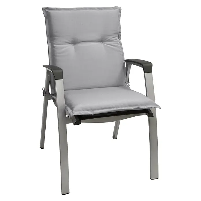 Beautissu Sitzauflage Base NL - Niederlehner, 1 Stk., L x B x H: 100 x 50 x 6 cm, Polyester, Hellgrau - Heller grauer Outdoor-Sessel mit silbergrauem Metallgestell und dunklen Armlehnen, mit gepolsterten Rücken- und Sitzkissen.