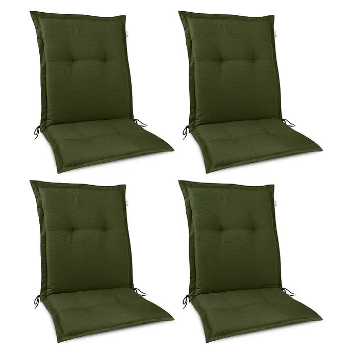 Beautissu Sitzauflage HighLux NL - Niederlehner, 4 Stk., L x B x H: 105 x 50 x 7 cm, Polyester, Dunkelgrün - Vier grüne Stoffpolster für Gartenstühle mit gesteppten Rückenlehnen und Bindebändern.