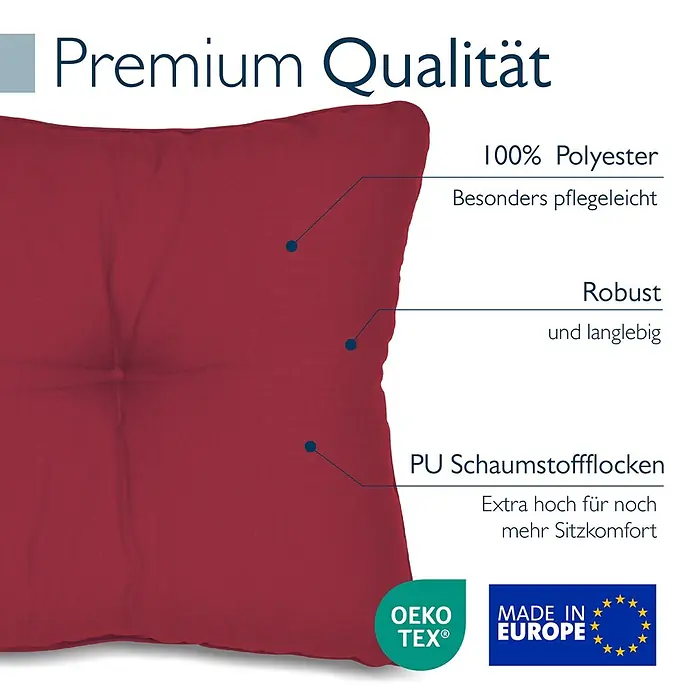Beautissu Sitzauflage XLuna - Outdoor Lounge, 2 Stk., L x B x H: 70 x 70 x 22 cm, Polyester, Rot - Rotes Polyesterkissen, robust und pflegeleicht, gefüllt mit PU-Schaumstoffflocken für mehr Komfort.