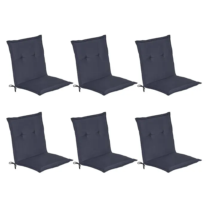 Beautissu Sitzauflage Loft NL - Niederlehner, 6 Stk., L x B x H: 60 x 8 x 40 cm, Polyester, Dunkelblau - Sechs dunkelgraue, gepolsterte Stuhlkissen mit gesteppten Rückenlehnen und Bändern.