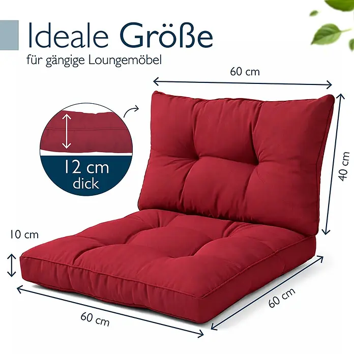 Beautissu Sitzauflage XLuna - Outdoor Lounge, 2 Stk., Polyester, Rot - Rotes zweiteiliges Lounge-Kissen-Set für Gartenmöbel. Sitzkissen 60x60x10 cm, Rückenlehne 60x40x12 cm.