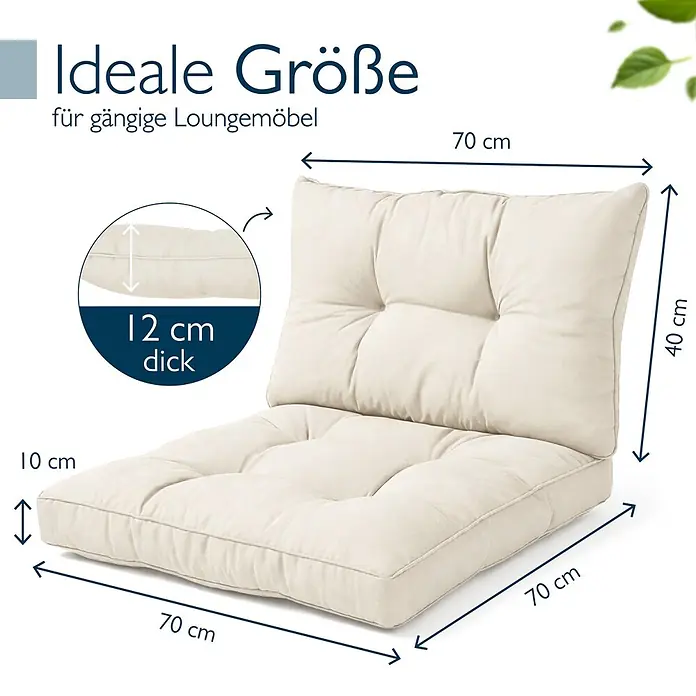 Beautissu Sitzauflage XLuna - Outdoor Lounge, 2 Stk., Polyester, Natur - Cremefarbenes, getuftetes Lounge-Kissen-Set mit Maßen: Sitzkissen 70x70x10 cm, Rückenkissen 70x40x12 cm, ideal für Loungemöbel.