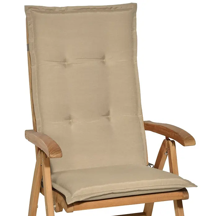 Beautissu Sitzauflage Loft HL - Hochlehner, 1 Stk., L x B x H: 120 x 50 x 6 cm, Polyester, Natur - Holzstuhl mit beigefarbenem Polsterkissen.