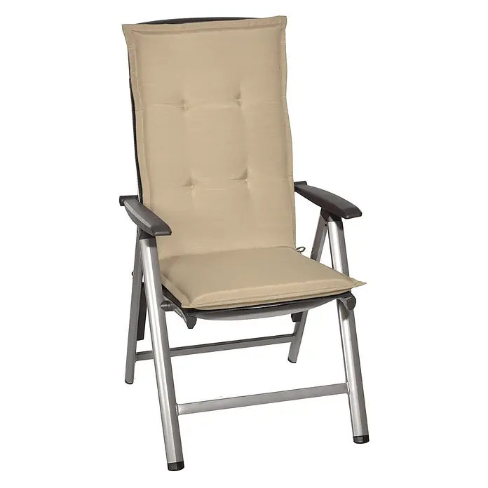 Beautissu Sitzauflage Loft HL - Hochlehner, 1 Stk., L x B x H: 120 x 50 x 6 cm, Polyester, Natur - Beige gepolsterter Gartenstuhl mit silbernem Metallrahmen und dunklen Armlehnen.