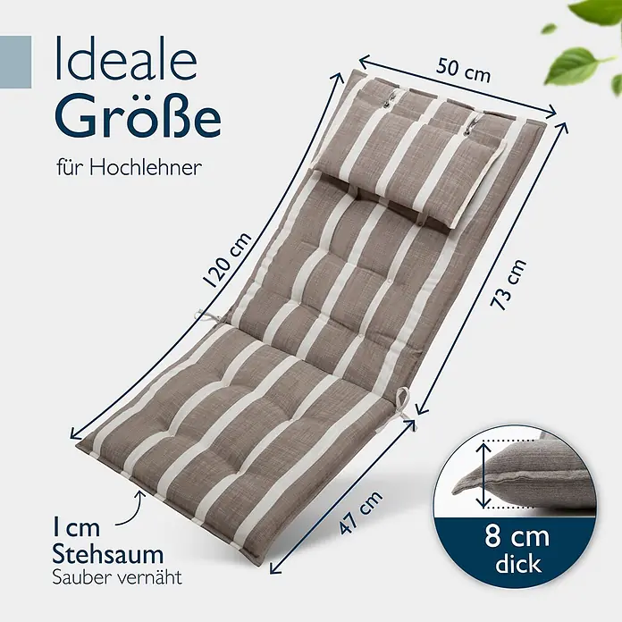 Beautissu Sitzauflage Sun-HL - Hochlehner, 1 Stk., L x B x H: 119 x 50 x 8 cm, Polyester, Natur-Weiß gestreift - Gestreifte Gartenstuhlauflage für Hochlehner mit Maßen von 120x50/47 cm und 8 cm Dicke.