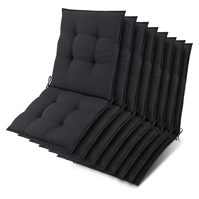 Beautissu Sitzauflage Sun-NL - Niederlehner, 8 Stk., Polyester, Anthrazit-uni - Ein Stapel dunkelgrauer, gesteppter Stuhlkissen mit Bindebändern.