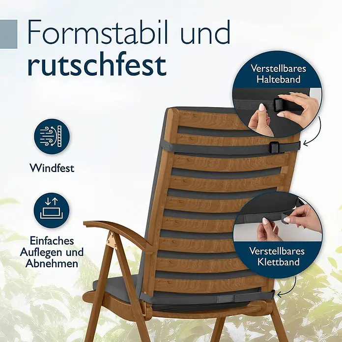 Beautissu Sitzauflage QD-HL - Hochlehner, 1 Stk., Polyester, Anthrazit - Dunkelgraues Stuhlkissen auf Holzstuhl, formstabil, rutschfest und windfest. Mit verstellbaren Halte- und Klettbändern für einfache Befestigung.