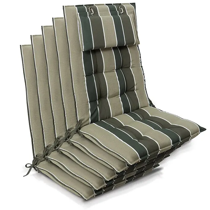 Beautissu Sitzauflage Sun-HL - Hochlehner, 5 Stk., Polyester, Grün - Gestapelte Liegenauflagen, grün, beige und weiß gestreift, mit Bändern und Metallhaken.