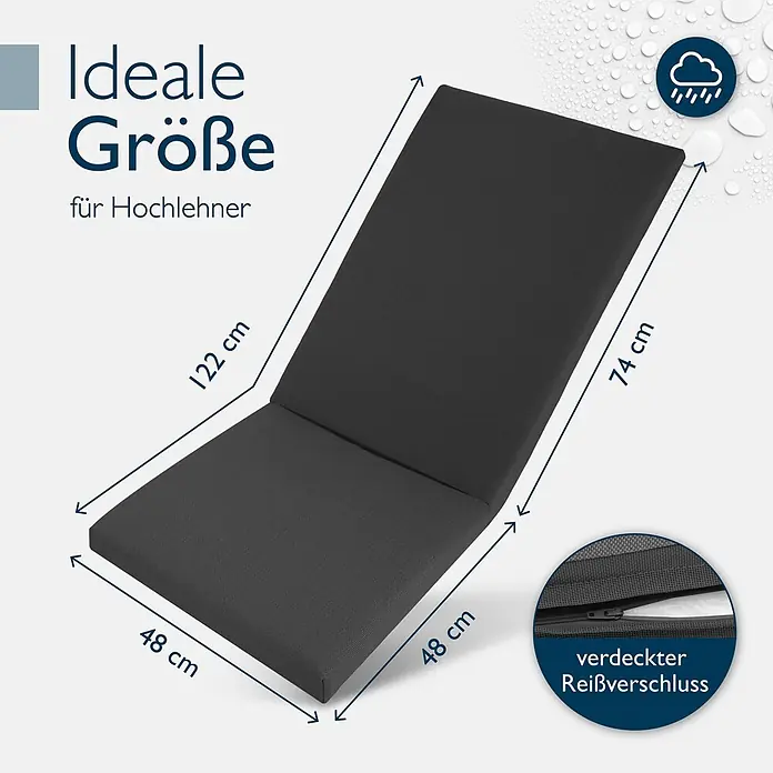 Beautissu Sitzauflage QD-HL - Hochlehner, 1 Stk., Polyester, Anthrazit - Dunkelgraues zweiteiliges Polster für Hochlehner, Maße, verdeckter Reißverschluss und Wasserbeständigkeit dargestellt.
