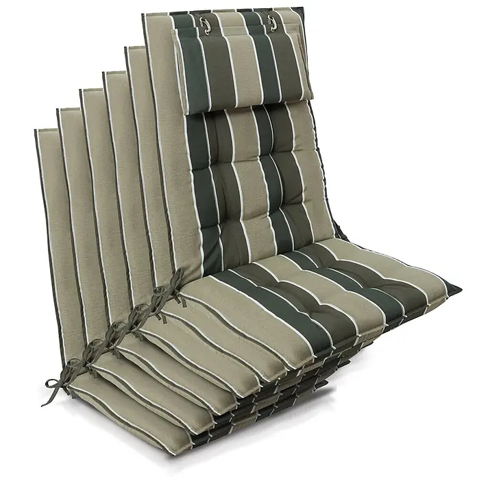Beautissu Sitzauflage Sun-HL - Hochlehner, 6 Stk., Polyester, grün-gestreift - Gestapelte gestreifte grün-beige-weiße Ganzkörper-Stuhlkissen mit Kopfstützen und Bindebändern.