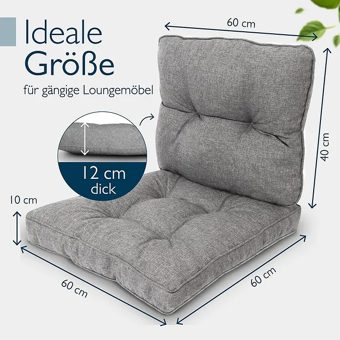 Beautissu Sitzauflage Beauflair LK - Outdoor Lounge, 2 Stk., L x B x H: 60 x 60 x 22 cm, Polyester, Hellgrau - Graues, gestepptes Lounge-Kissen-Set: Sitz 60x60x10 cm, Rücken 60x40 cm.