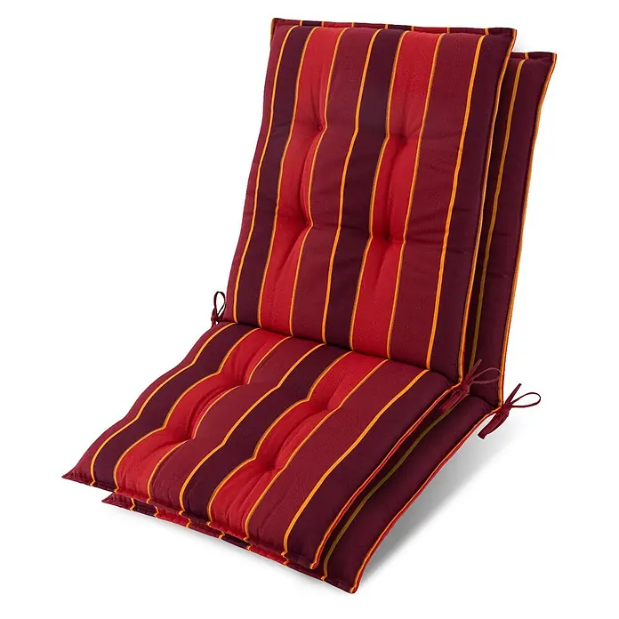 Beautissu Sitzauflage Sun-NL - Niederlehner, 2 Stk., Polyester, rot-gestreift - Gestreiftes Stuhlkissen mit roten, burgunderroten und orangefarbenen Linien, gesteppt und mit Bändern zur Befestigung.