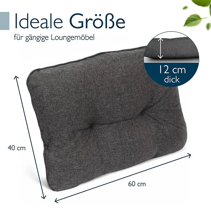 Beautissu Sitzauflage Beauflair - Outdoor Lounge, 1 Stk., L x B x H: 60 x 12 x 40 cm, Polyester, Graphitgrau - Dunkelgraues Lounge-Kissen, 60x40x12 cm, ideal für gängige Loungemöbel.