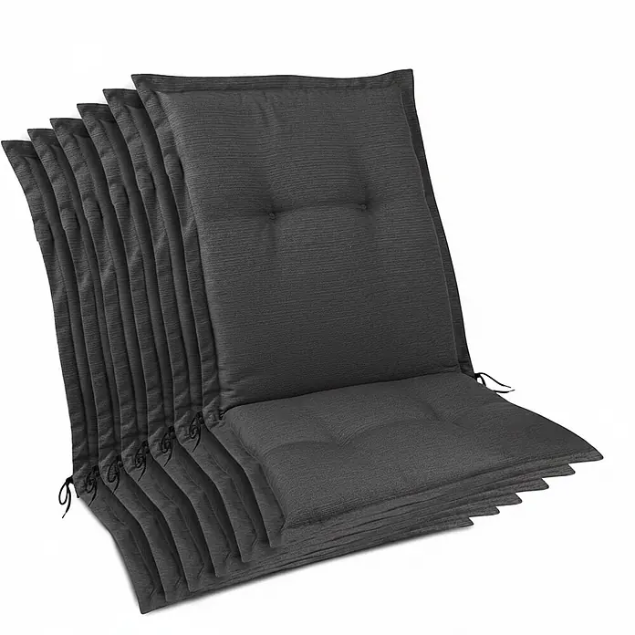 Beautissu Sitzauflage HighLux NL - Niederlehner, 6 Stk., L x B x H: 105 x 50 x 7 cm, Polyester, Anthrazit - Stapel dunkelgrauer, texturierter Outdoor-Stuhlkissen mit Knopfheftung und Bändern.