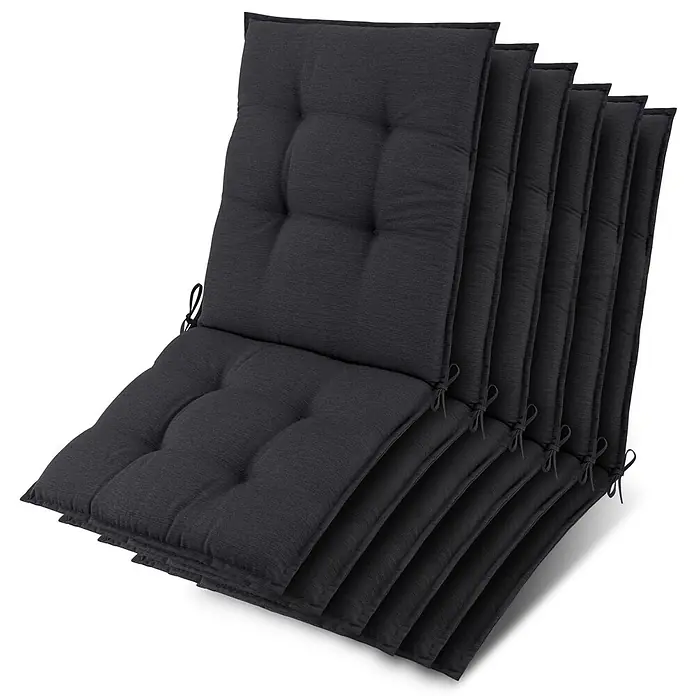 Beautissu Sitzauflage Sun-NL - Niederlehner, 6 Stk., L x B x H: 100 x 50 x 8 cm, Polyester, anthrazit-uni - Set aus dunkelgrauen, gesteppten Stuhlkissen mit Bändern, fächerförmig angeordnet.
