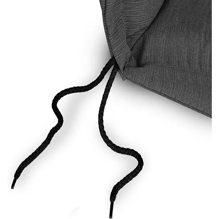 Beautissu Sitzauflage HighLux NL - Niederlehner, 6 Stk., L x B x H: 105 x 50 x 7 cm, Polyester, Anthrazit - Dunkelgraues strukturiertes Stoffteil mit zwei schwarzen Kordelzügen, die aus einer Naht kommen.