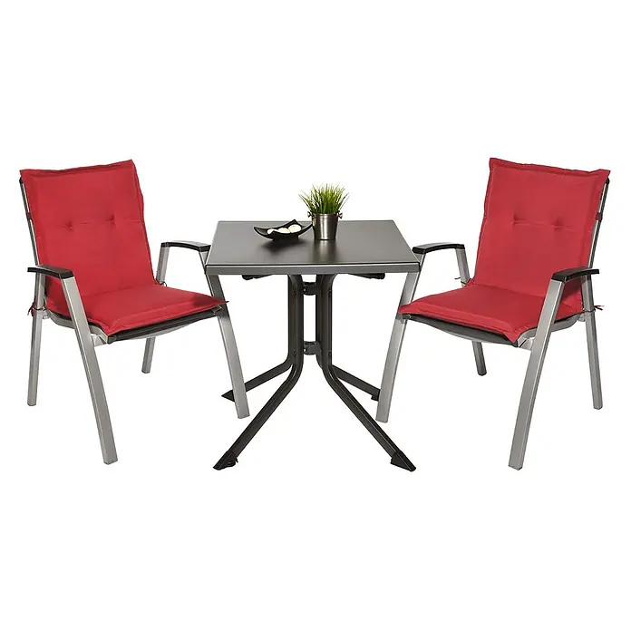 Beautissu Sitzauflage Loft Nl - Niederlehner, 4 Stk., Polyester, Rot - Zwei Stühle mit silberfarbenen Gestellen und roten Polstern sowie ein passender dunkelgrauer Metalltisch bilden ein Bistro-Set.