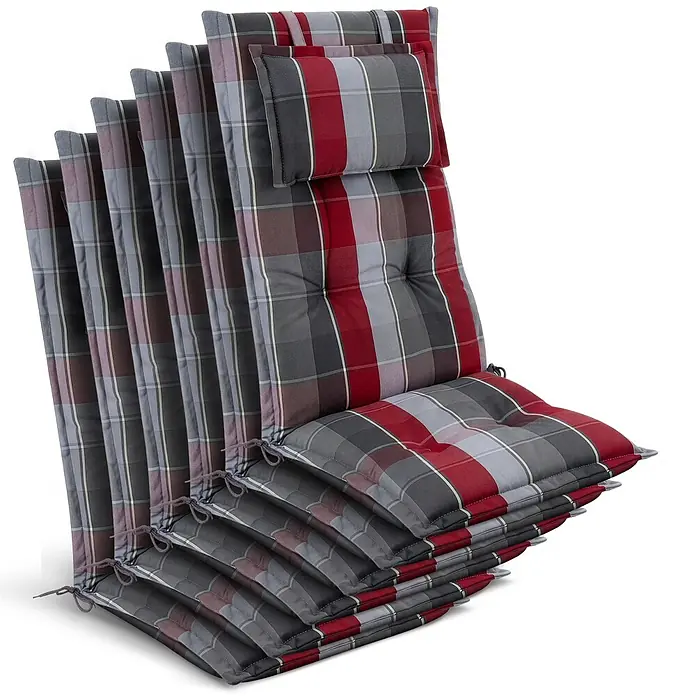 Beautissu Sitzauflage Highlux HL - Hochlehner, 6 Stk., L x B x H: 120 x 52 x 7 cm, Polyester, Grau-Rot-Hellblau-Kariert - Stapel karierter Gartenstuhlauflagen in Rot, Grau und Weiß mit Kopfstützen und Befestigungsbändern.