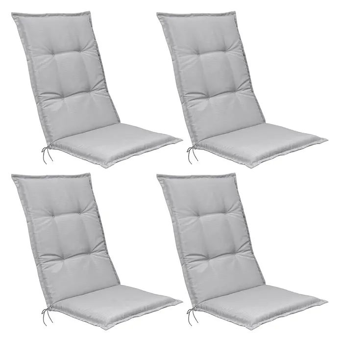 Beautissu Sitzauflage Base HL - Hochlehner, 4 Stk., L x B x H: 120 x 50 x 6 cm, Polyester, Hellgrau - Vier hellgraue Gartenstuhlauflagen mit getufteten Rückenlehnen und Bindebändern.