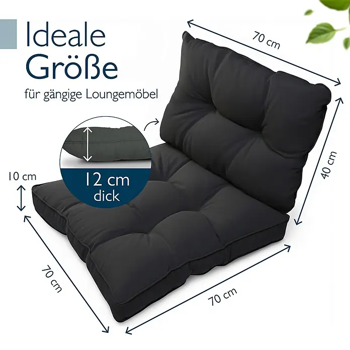 Beautissu Sitzauflage Flair Outdoor - Outdoor Lounge, 2 Stk., Polyester, Graphitgrau - Dunkelgraues Loungekissen, Sitzfläche 70x70cm, Rückenlehne 70x40cm, 12cm dick.