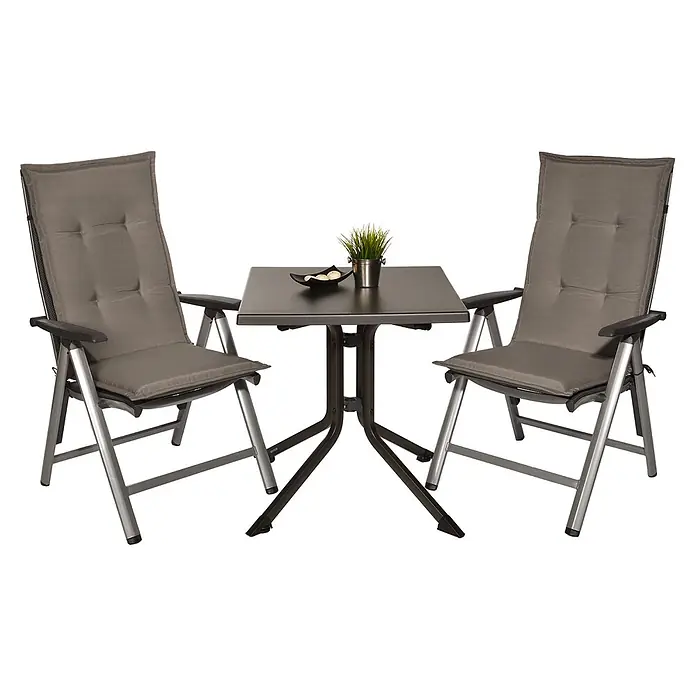 Beautissu Sitzauflage Loft HL - Hochlehner, 1 Stk., Polyester, Taupe - Dunkelgraues Terrassen-Bistroset mit quadratischem Tisch und zwei Stühlen mit grauen Polsterauflagen und anthrazitfarbenen Metallrahmen.