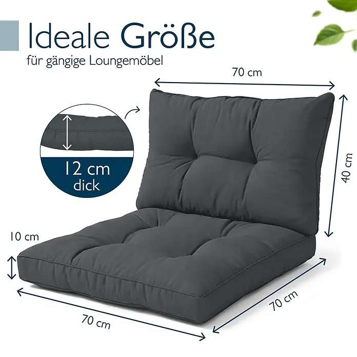 Beautissu Sitzauflage XLuna - Outdoor Lounge, 2 Stk., Polyester, Graphitgrau - Dunkelgraues zweiteiliges Lounge-Kissen-Set, Sitzkissen 70x70 cm (10 cm dick) und Rückenlehne 70x40 cm (12 cm dick).