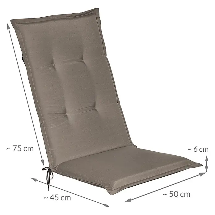 Beautissu Sitzauflage Loft HL - Hochlehner, 1 Stk., Polyester, Taupe - Graues gepolstertes Stuhlkissen mit Bändern, zeigt ca. Maße: 75x45 cm Rücken, 50 cm Sitz, 6 cm dick.